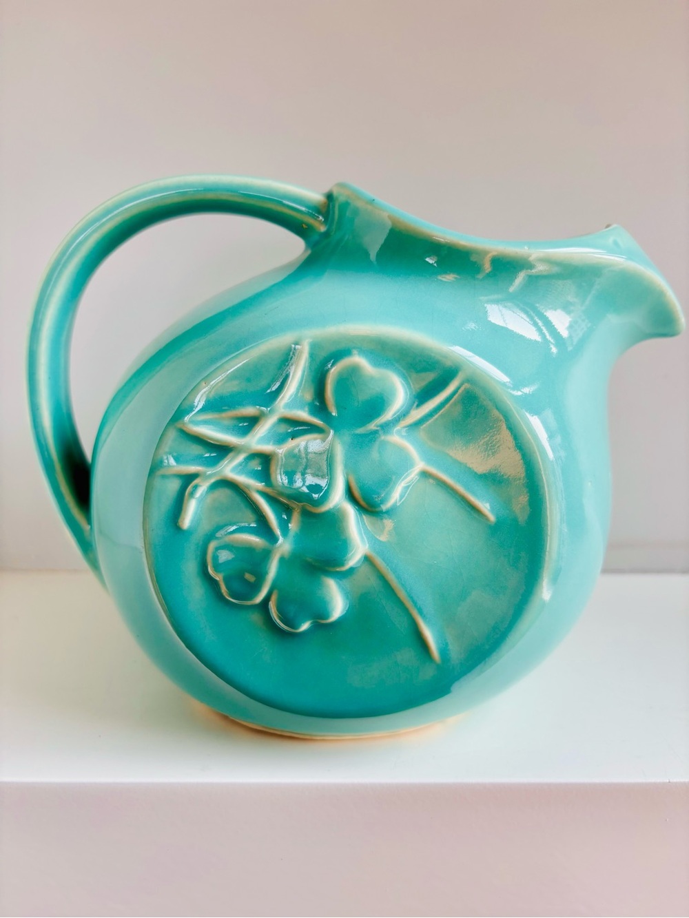 Vintage McCoy Aqua Shamrock Clover Ceramic Pitcher Ice Lip 1940s Retro
